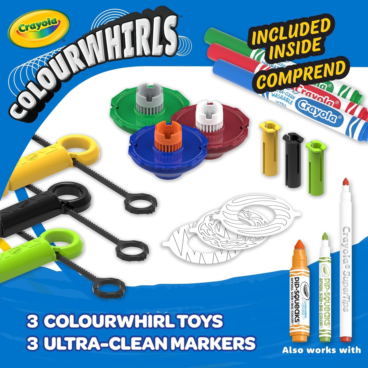 Crayola Colourwhirls Classic, 3 Ct Playset, Spin Art Toy with Washable Markers and Battle Arena, Competition Game, for Kids Ages 6, 7, 8, 9