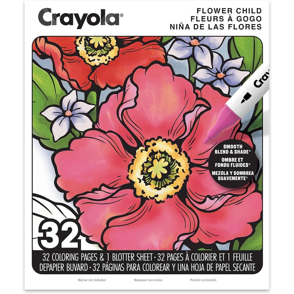 Crayola Stay Hydrated Adult Coloring Book, 32 Pgs, Premium Paper, Stress Relief and Relaxation Activities, Gift for Women and Men(Flower Child)