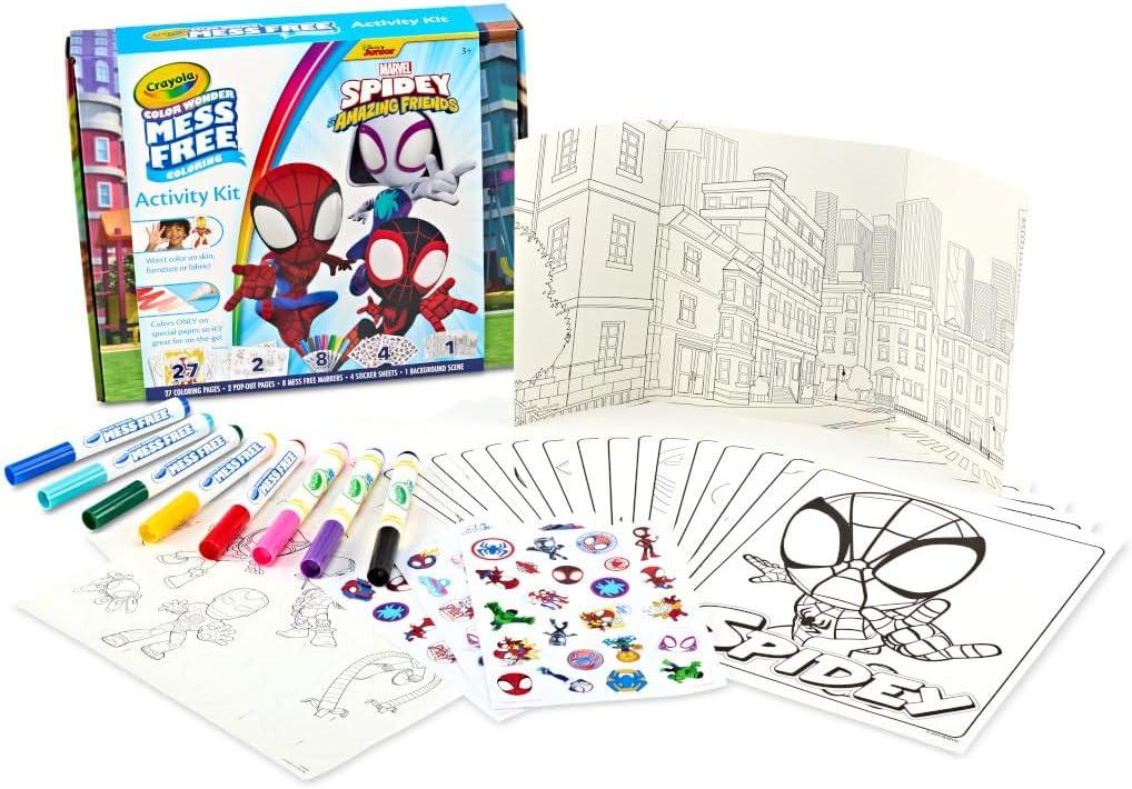Crayola Color Wonder Mess Free Fingerpaint & Stamper Kit, Safari Stamps for Kids, Color Reveal Ink, Toddler Activity, Gifts, 3+(Spidey Activity Kit)