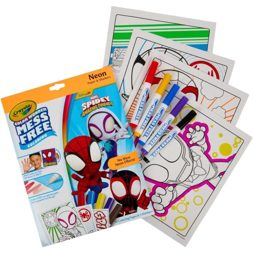 Crayola Spiderman Color Wonder Coloring Set, 18 Spiderman Mess Free Coloring Pages for Toddlers, Spiderman Toys, Gifts for Kids(Neon Box Set)