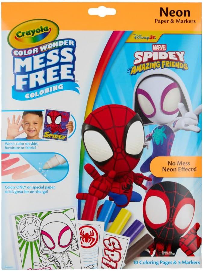 Crayola Spiderman Color Wonder Coloring Set, 18 Spiderman Mess Free Coloring Pages for Toddlers, Spiderman Toys, Gifts for Kids(Neon Box Set)