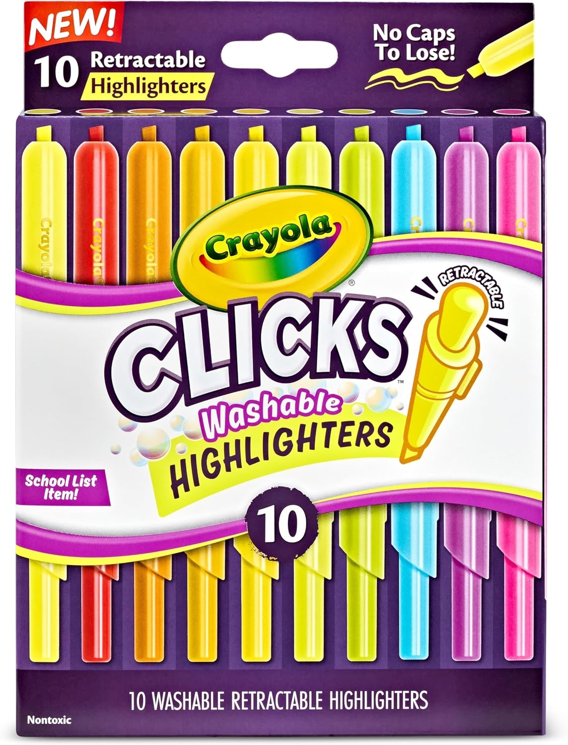 Crayola Clicks Retractable Highlighters (10ct), Ultra-Clean Washable Highlighter Set for Kids & Adults, Bold Colors, No Dry, School & Office Supplies