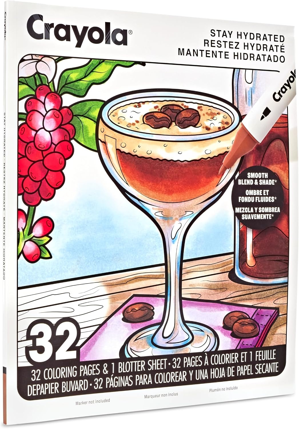 Crayola Stay Hydrated Adult Coloring Book, 32 Pgs, Premium Paper, Stress Relief and Relaxation Activities, Gift for Women and Men(Stay Hydrated)