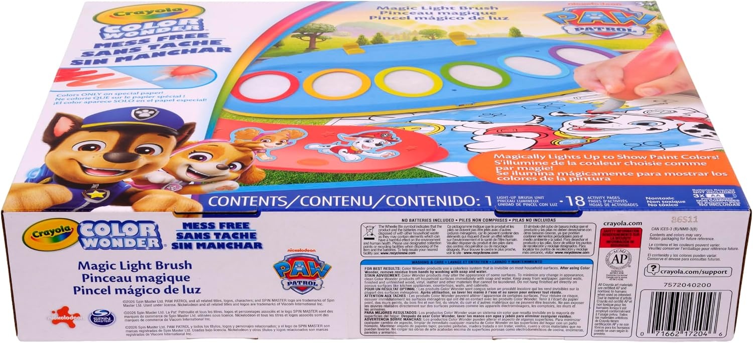 Crayola PAW Patrol Color Wonder Magic Light Brush – Mess Free Painting Kit for Kids with Lightup Brush, Gift for Toddlers, Preschool Art Activities, Ages 3+