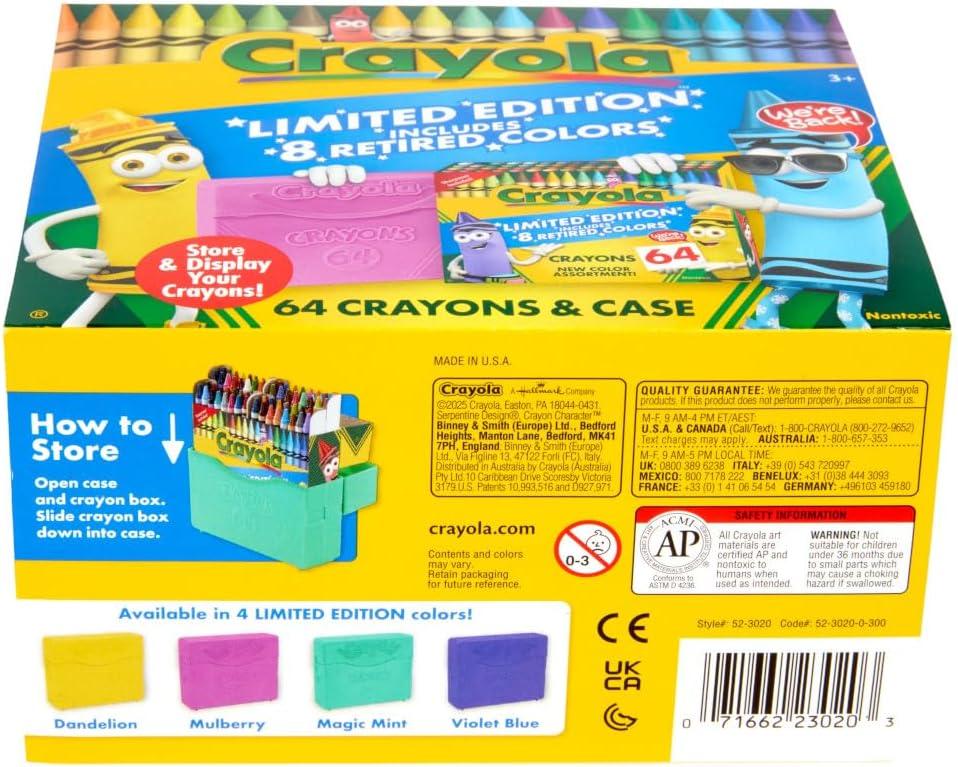 Crayola Crayon Box (64 Count), With Limited Edition Colors & Plastic Case, Arts & Crafts Coloring Supplies for Kids, Back to School Essentials, Ages 3+(Limited Edition)