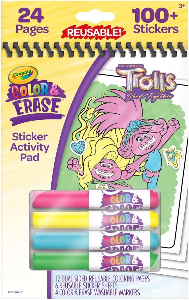Crayola Trolls Color & Erase Sticker Activity Pad, 12 Reusable Trolls Coloring Pages & 100 Stickers, Gift(Color & Erase)