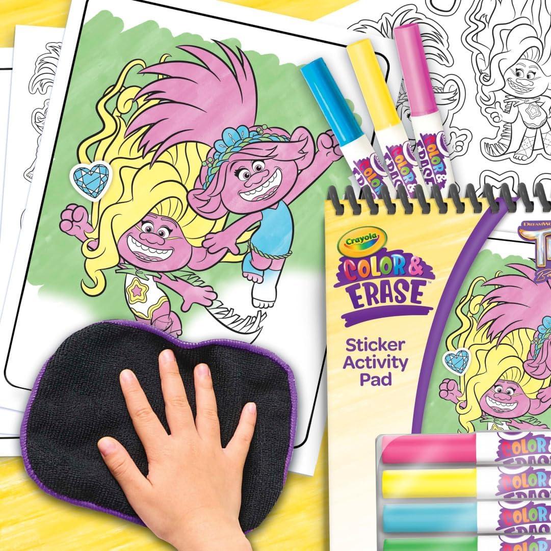 Crayola Trolls Color & Erase Sticker Activity Pad, 12 Reusable Trolls Coloring Pages & 100 Stickers, Gift(Color & Erase)