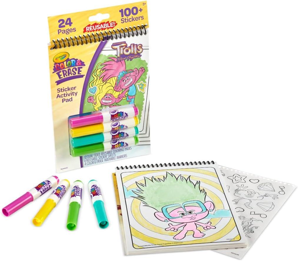 Crayola Trolls Color & Erase Sticker Activity Pad, 12 Reusable Trolls Coloring Pages & 100 Stickers, Gift(Color & Erase)