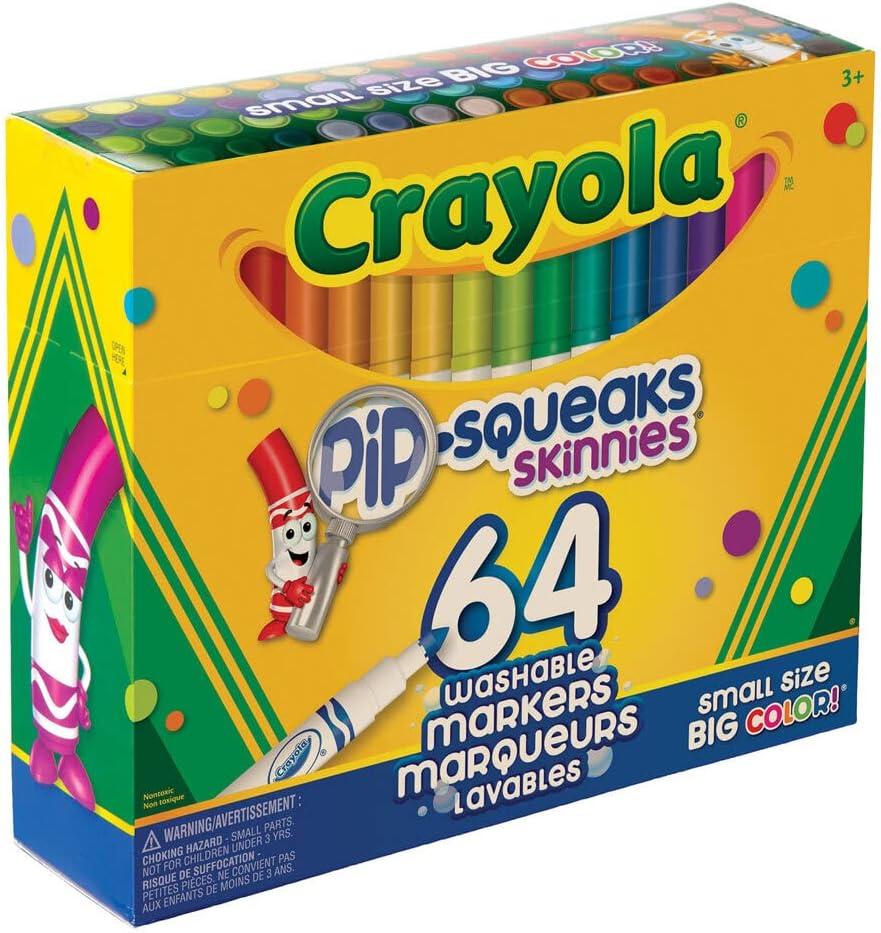 Crayola Pip-Squeaks Skinnies Washable Markers (64ct), Mini Markers for Kids, Coloring Markers, Craft Supplies, Kids Holiday Gift, 3+(64 Count (Pack of 1))