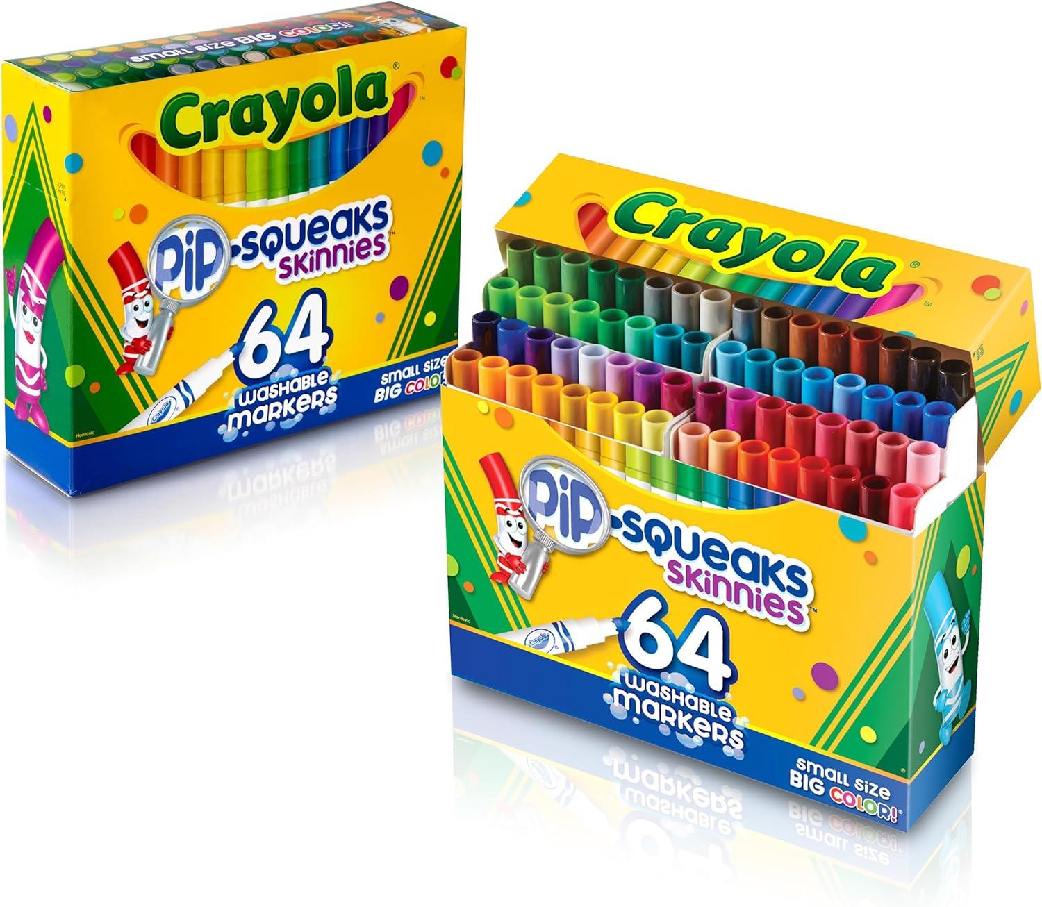 Crayola Pip-Squeaks Skinnies Washable Markers (64ct), Mini Markers for Kids, Coloring Markers, Craft Supplies, Kids Holiday Gift, 3+(64 Count (Pack of 1))