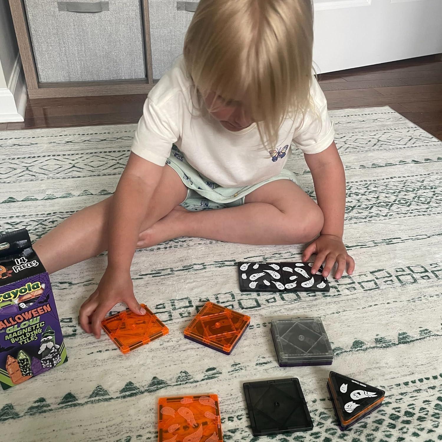 CreateOn Crayola Halloween Glow in The Dark Magnetic Tiles Set, Building Set for Kids, STEM Toys for Boys and Girls Ages 3 and Up, 14-Piece Set