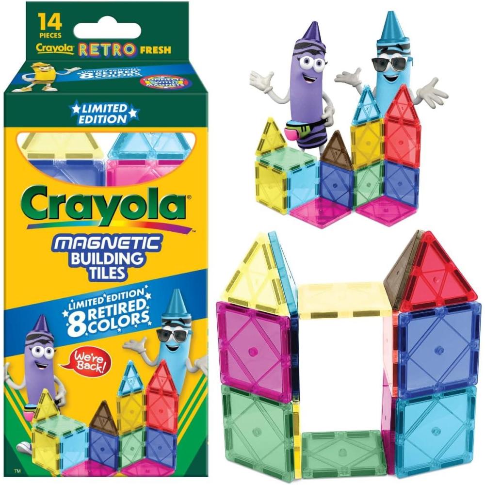CreateOn Crayola Holiday Glitter Magnetic Tiles, Building Set for Kids, Magnetic Building Toys for Kids, STEM Travel Toys for Boys and Girls Ages 3+, 14-Piece Set (Holiday Glitter)(Retro)