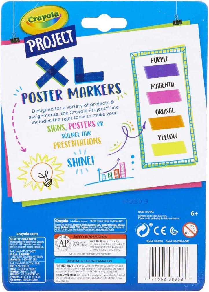 Crayola XL Poster Markers, Assorted Classic Colors, School Supplies, 4 Count(Brights)