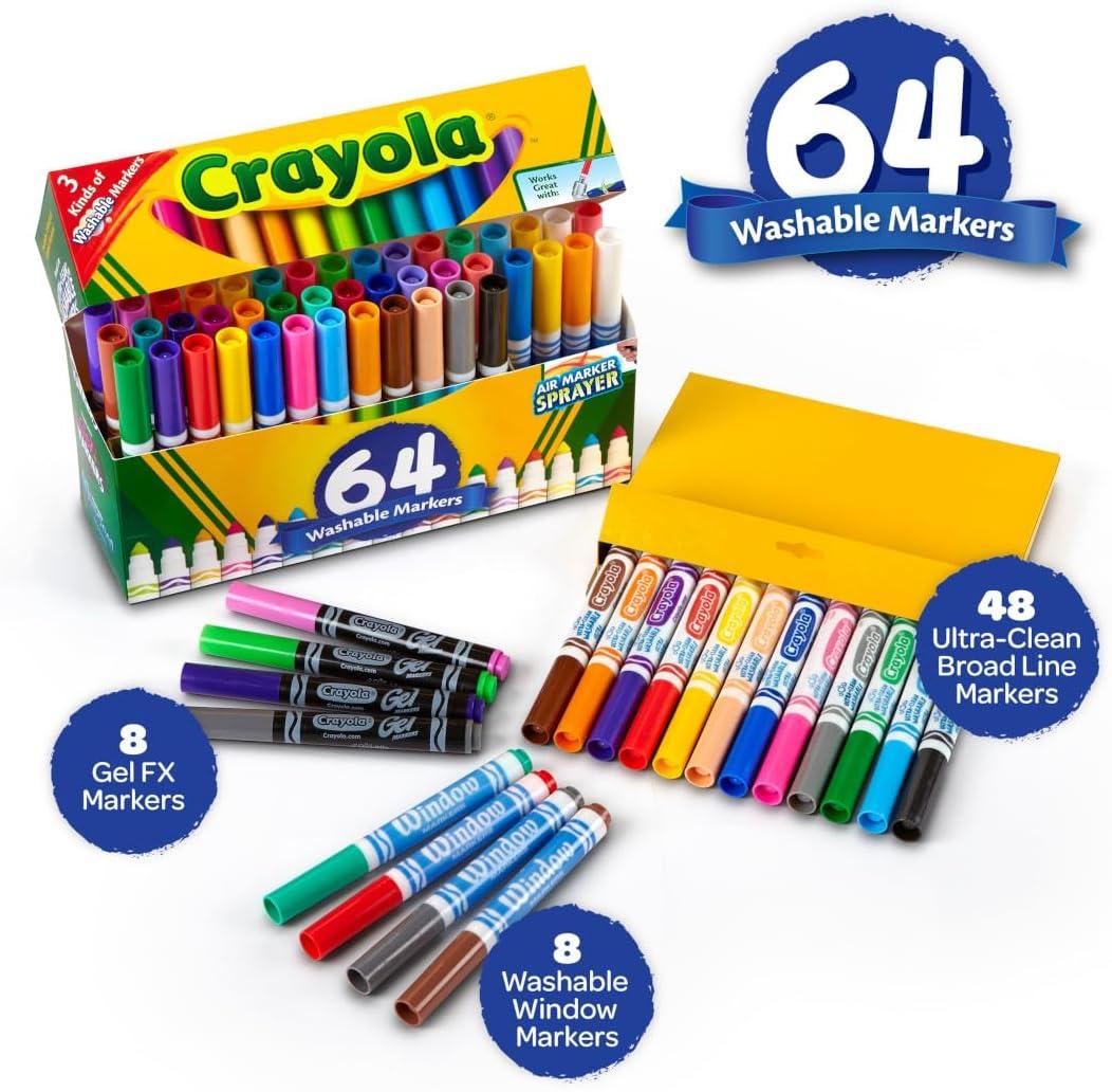 Crayola Washable Broad Line Marker Variety Set (64ct), Ultra-Clean, Window, & Gel FX Markers for Kids, Coloring Supplies for Arts & Crafts, Ages 3, 4, 5