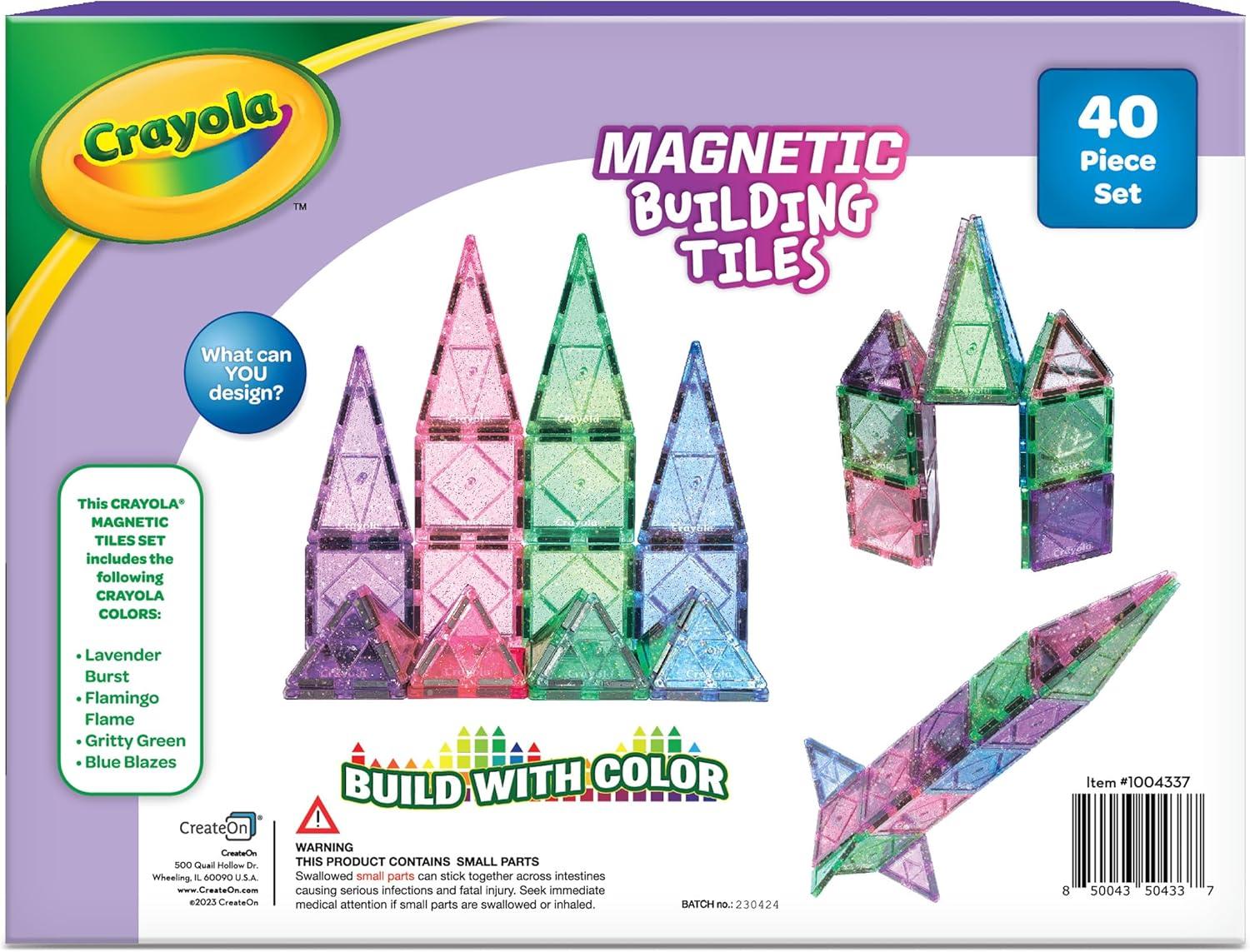 CreateOn Crayola Glitter Magnetic Tiles, Building Set for Kids, Magnetic Tiles, Magnetic Building Toys for Kids, STEM Easter Toys for Boys and Girls Ages 3 and Up, 40-Piece Set (Glitter)