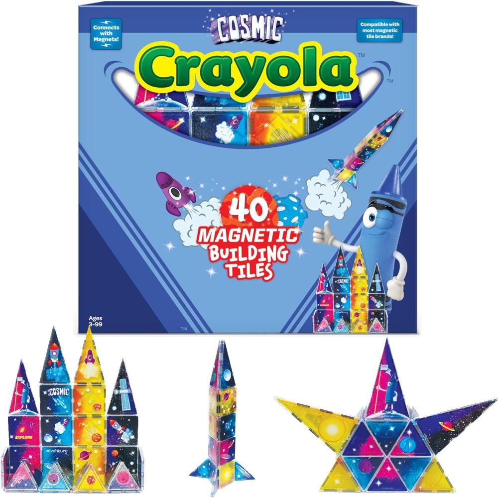 CreateOn Crayola Cosmic Magnetic Tiles, Building Set for Kids, Magnetic Building Toys for Kids, STEM Learning Toys for Boys and Girls Ages 3 and Up, 40-Piece Set (Cosmic)(40 Pieces)