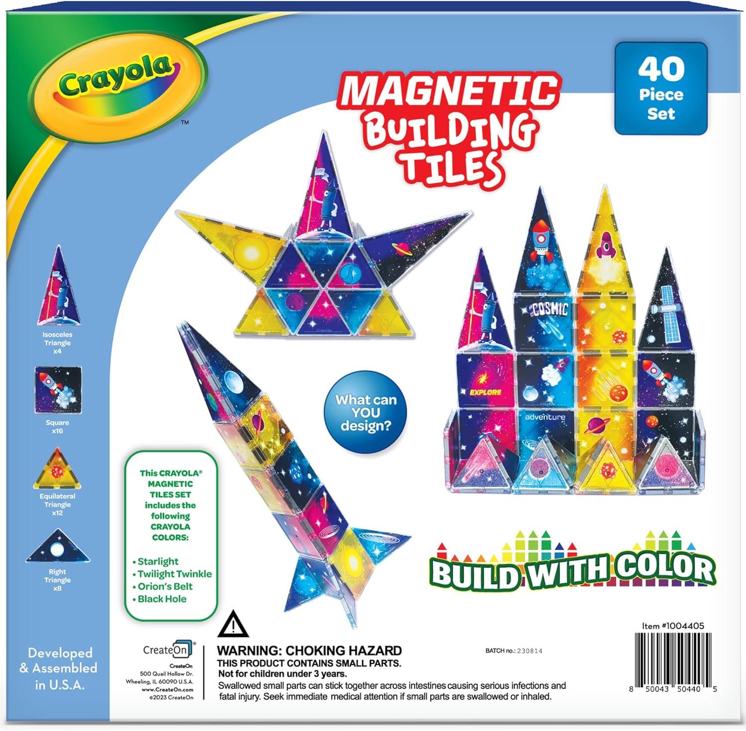 CreateOn Crayola Cosmic Magnetic Tiles, Building Set for Kids, Magnetic Building Toys for Kids, STEM Learning Toys for Boys and Girls Ages 3 and Up, 40-Piece Set (Cosmic)(40 Pieces)