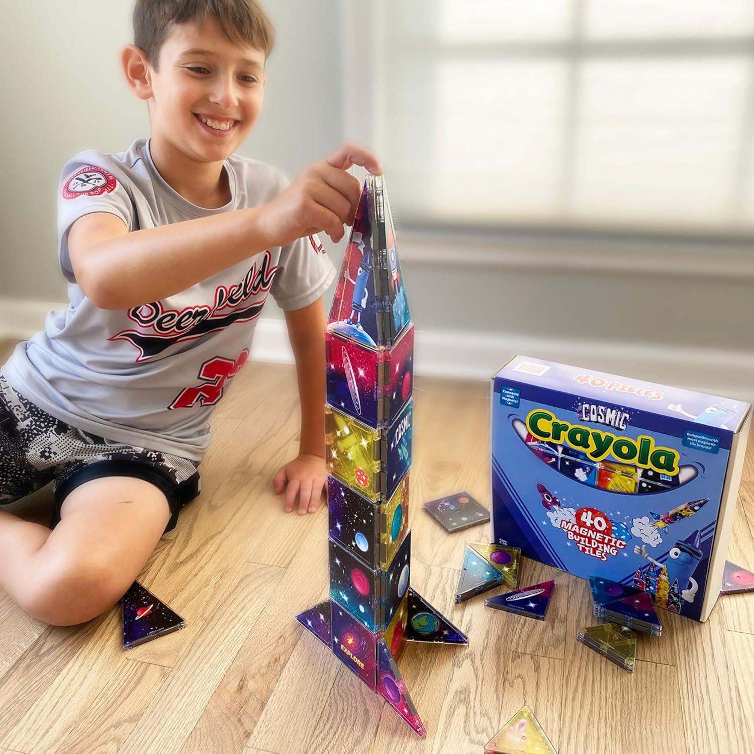 CreateOn Crayola Cosmic Magnetic Tiles, Building Set for Kids, Magnetic Building Toys for Kids, STEM Learning Toys for Boys and Girls Ages 3 and Up, 40-Piece Set (Cosmic)(40 Pieces)