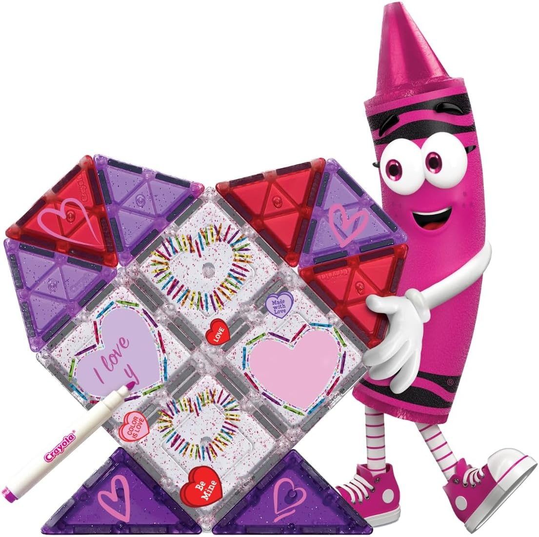 CreateOn Crayola Doodle Valentine Magnetic Tiles, Building Set for Kids, Magnetic Building Toys for Kids, STEM Travel Toys for Boys and Girls Ages 3+, 14-Piece Set (Doodle Valentine)