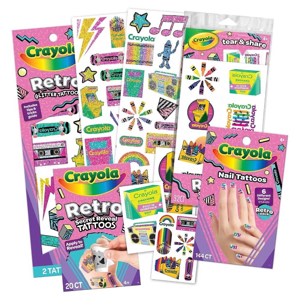 Crayola Retro Collection Temporary Tattoo Gift Bundle, Glitter & Nail Designs, 200+ Tattoos for Kids Ages 4+