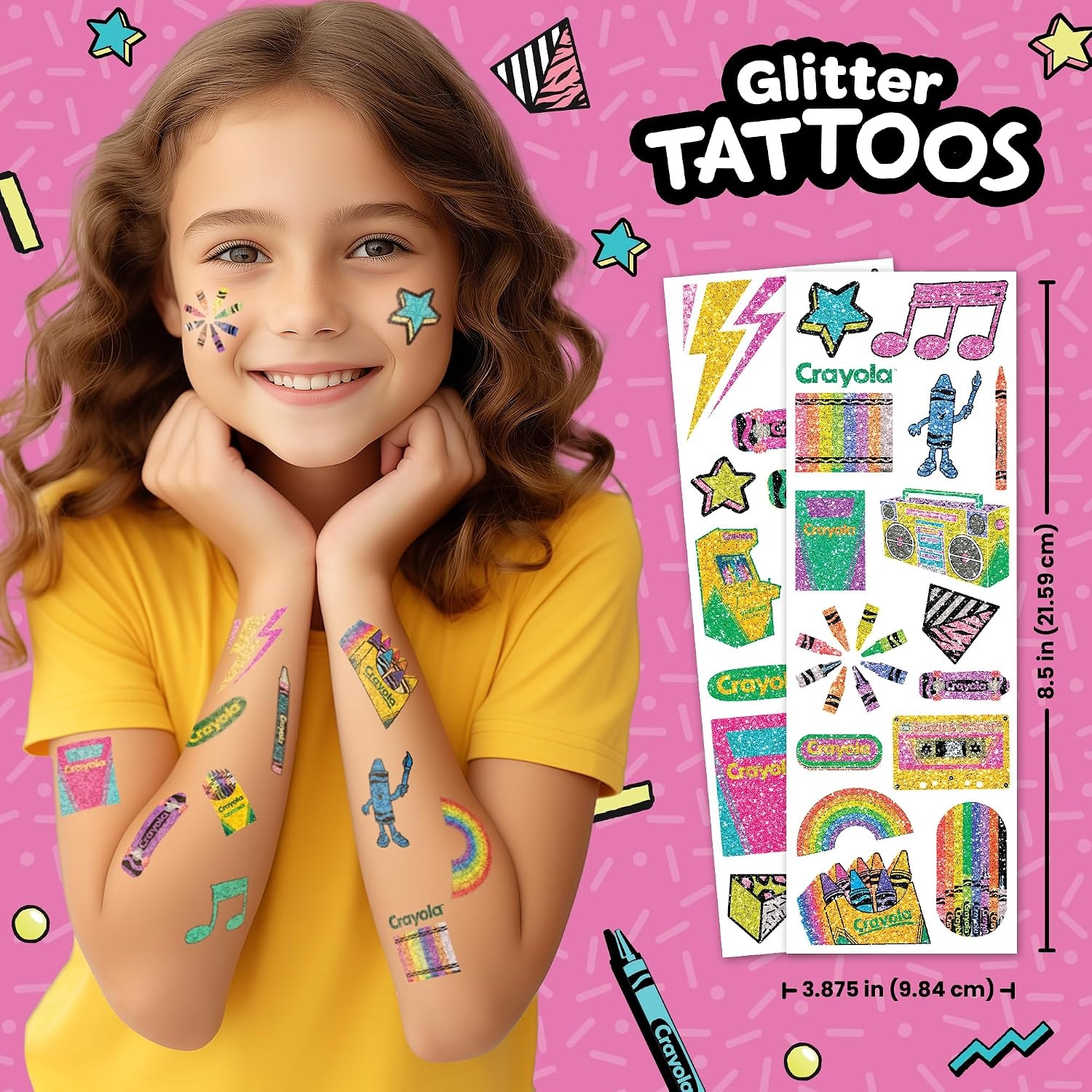 Crayola Retro Collection Temporary Tattoo Gift Bundle, Glitter & Nail Designs, 200+ Tattoos for Kids Ages 4+