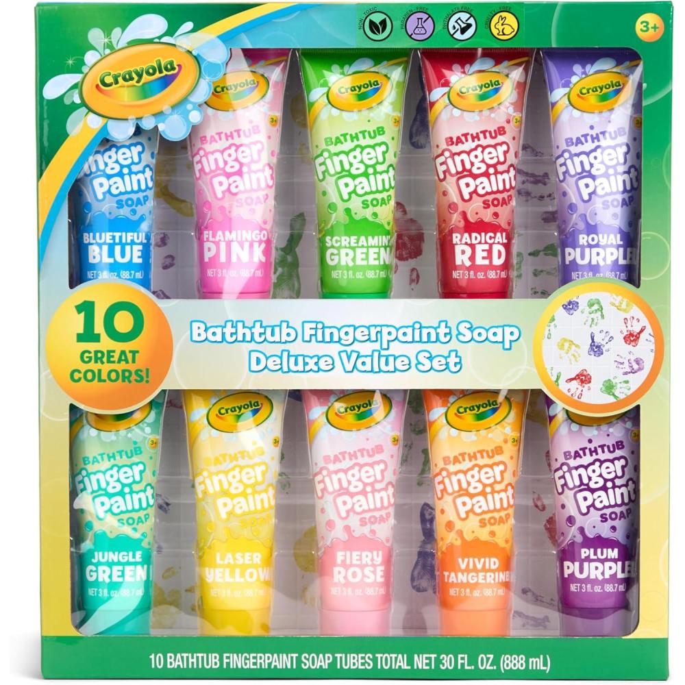 Crayola Bathtub Fingerpaint 10 Color Deluxe Value Pack, 3 Ounce Tubes (Bluetiful Blue, Jungle Green, Royal Purple, & More) Color Your Bath Easily Washable Finger Paints