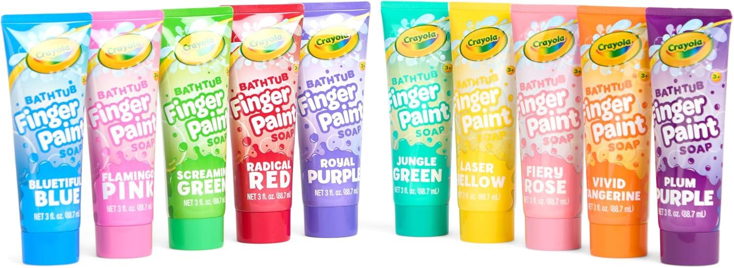Crayola Bathtub Fingerpaint 10 Color Deluxe Value Pack, 3 Ounce Tubes (Bluetiful Blue, Jungle Green, Royal Purple, & More) Color Your Bath Easily Washable Finger Paints