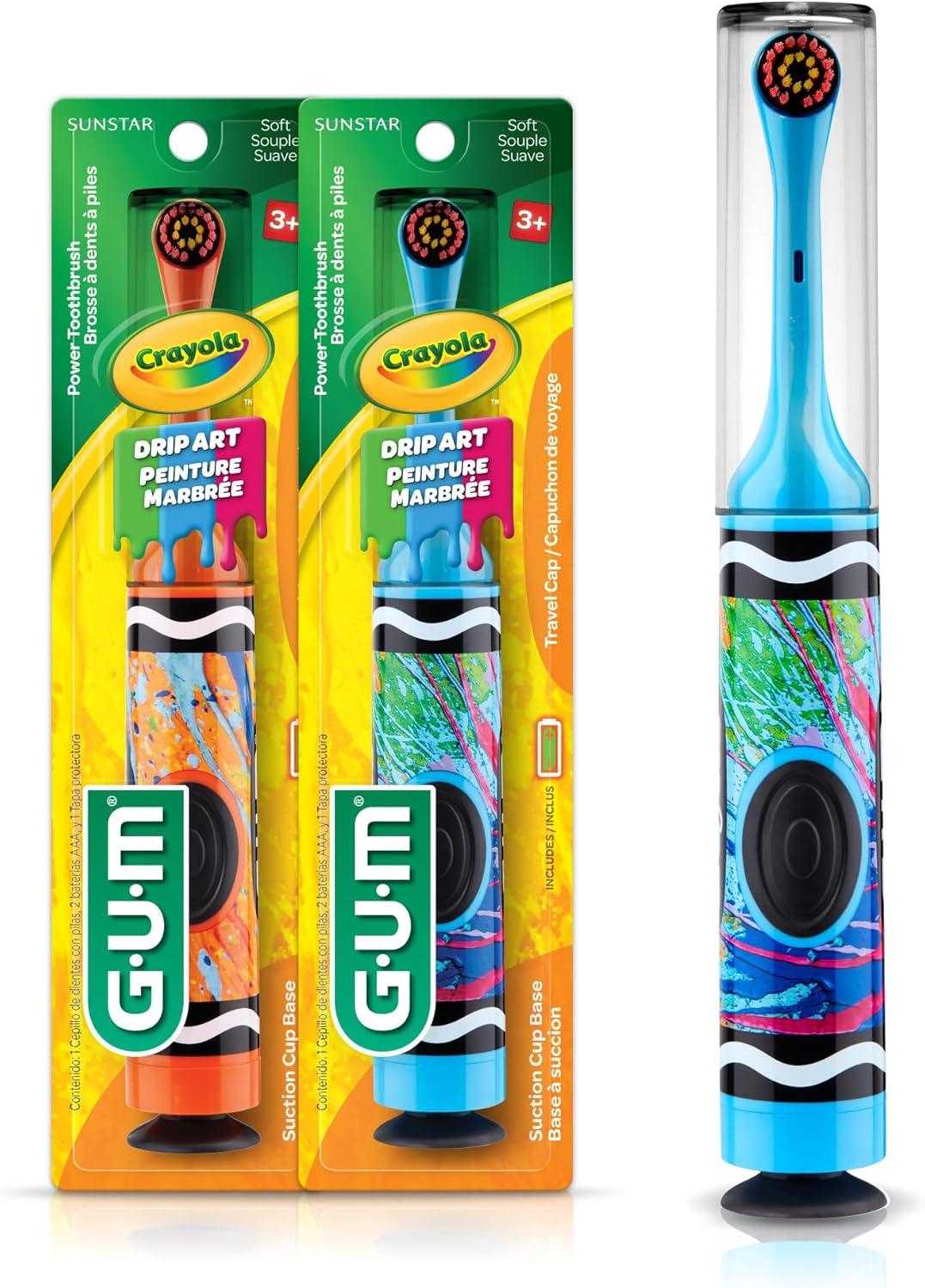 GUM Crayola Power Toothbrush for Kids, Extra Soft Bristled Toddler Toothbrushes, Travel Cap + Suction Cup Base, Batteries Included, 1 Count(1 Count)