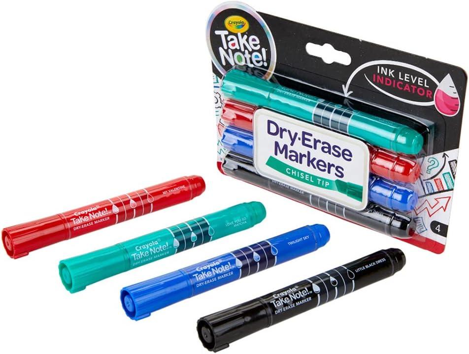 Crayola Take Note Chisel Tip Dry Erase Markers, Kids at Home Activities, Broad Line, Multicolor, 4 Count(Broad Line Multicolor)