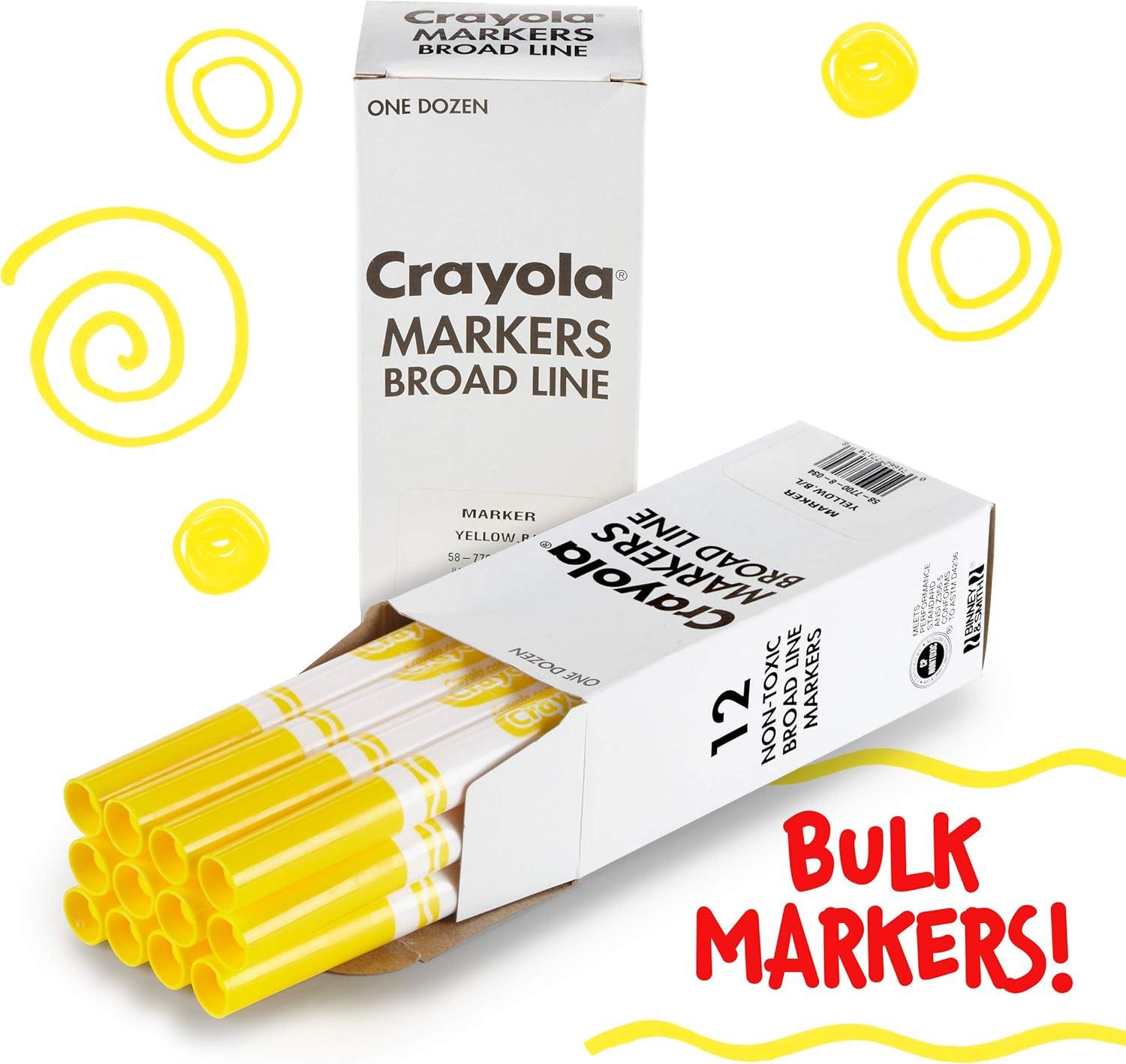 Crayola Broad Line Markers – Black (12ct), Markers for Kids, Bulk School Supplies for Teachers, Nontoxic, Marker Refill with Reusable Box(Yellow)