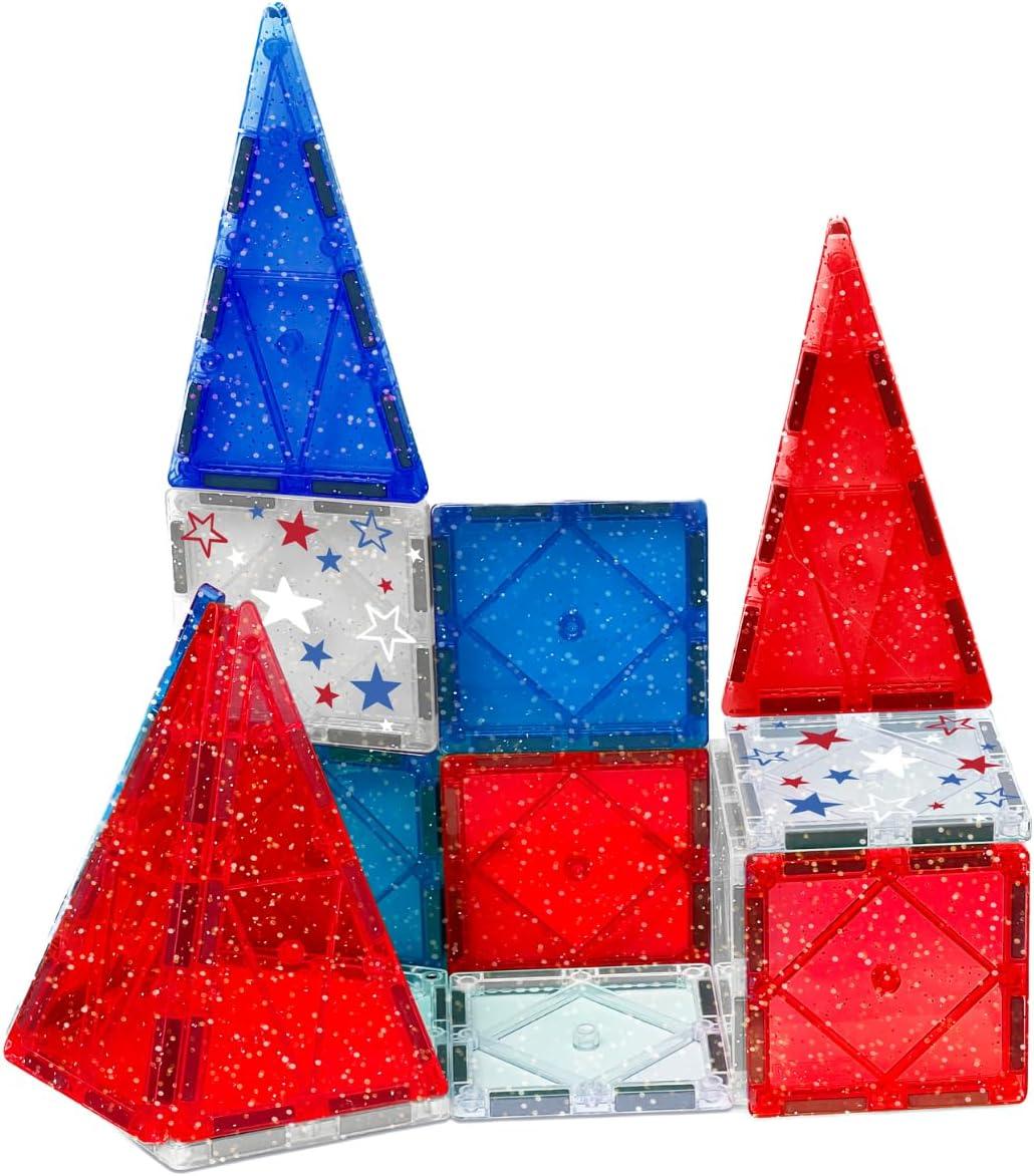 CreateOn Crayola Holiday Glitter Magnetic Tiles, Building Set for Kids, Magnetic Building Toys for Kids, STEM Travel Toys for Boys and Girls Ages 3+, 14-Piece Set (Holiday Glitter)(Red  White and Blue)