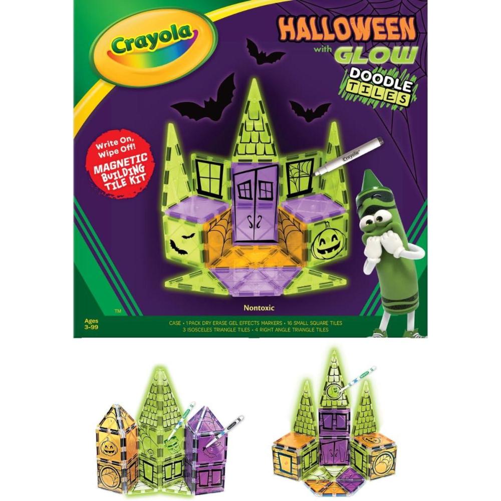 CreateOn Crayola Halloween Glow Doodle Magnetic Tiles Set, Building Set for Kids, STEM Toys for Boys and Girls Ages 3 and Up, 25-Piece Set