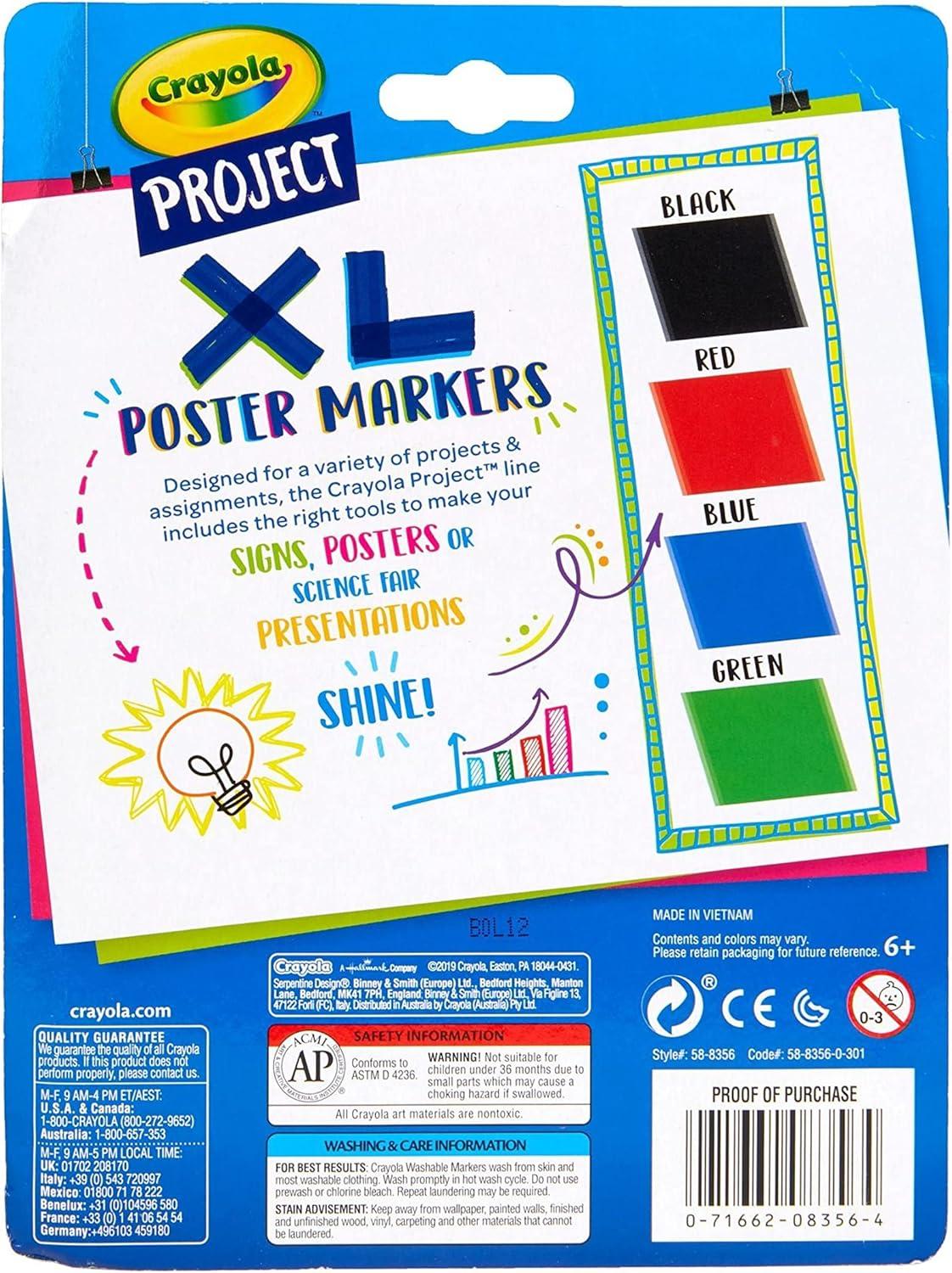 Crayola XL Poster Markers, Assorted Classic Colors, School Supplies, 4 Count(Classic)