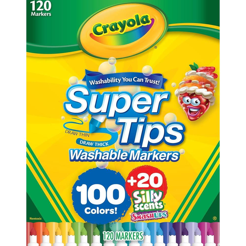 Crayola Super Tips & Silly Scents Washable Marker Set (120ct), Bulk Colored Markers for Coloring Books, Fine Tip, Conical, Water-Based Ink, Ideal for Kids’ Art Projects, Gifts