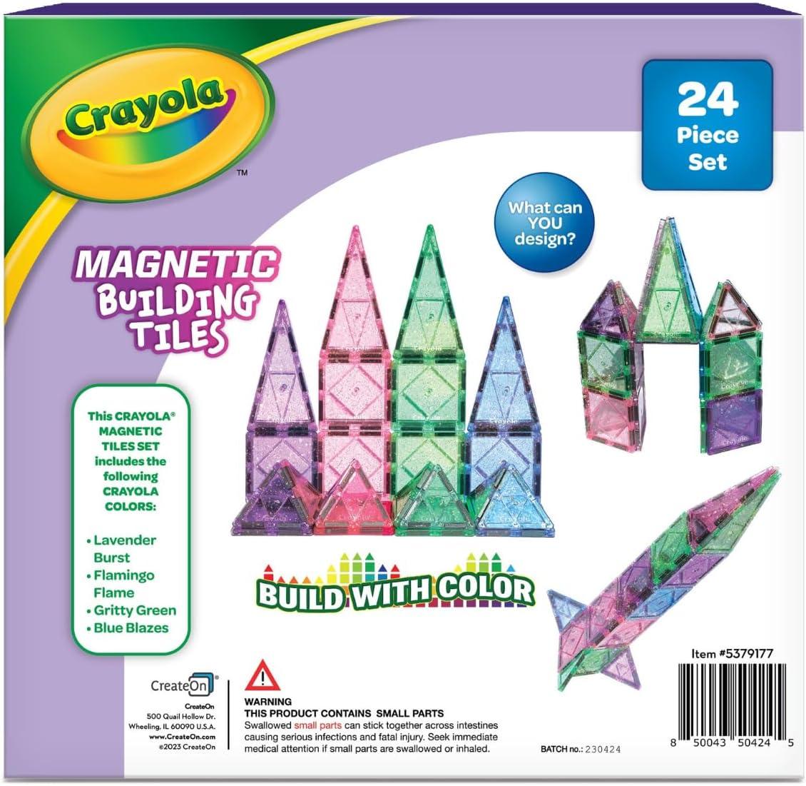 CreateOn Crayola Glitter Magnetic Tiles, Building Set for Kids, Magnetic Tiles, Kids’ Building Toys, STEM & Montessori Toys for Boys and Girls Ages 3+, 24-Piece Set (Glitter)(Glitter)
