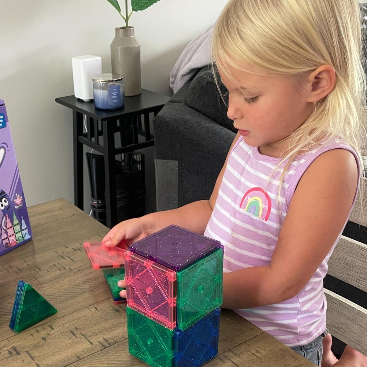 CreateOn Crayola Glitter Magnetic Tiles, Building Set for Kids, Magnetic Tiles, Kids’ Building Toys, STEM & Montessori Toys for Boys and Girls Ages 3+, 24-Piece Set (Glitter)(Glitter)