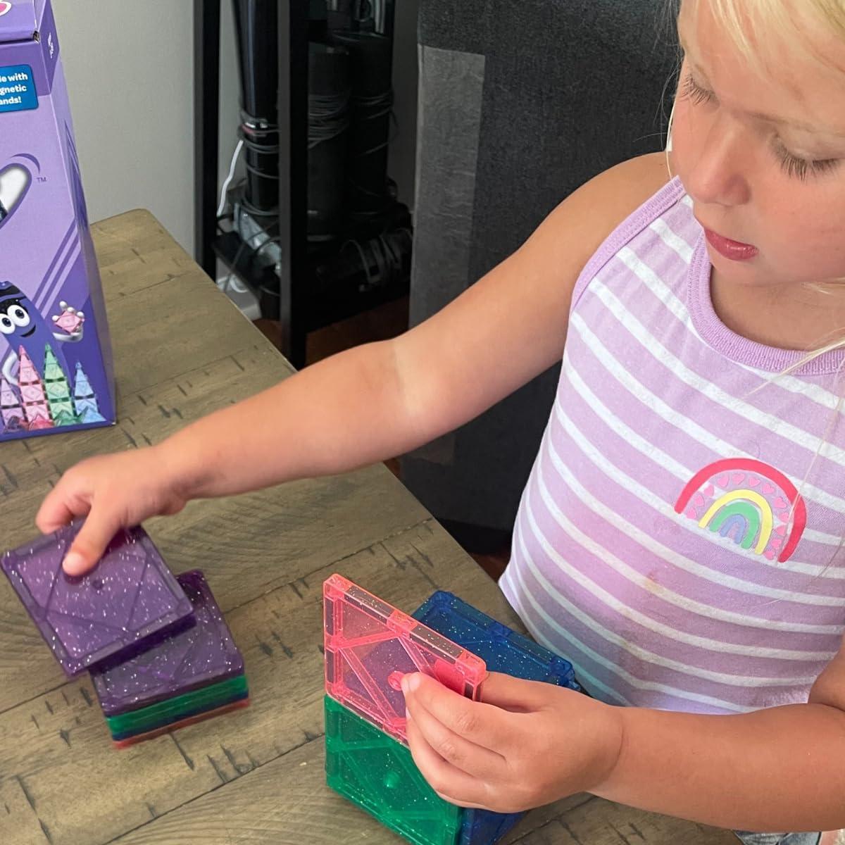 CreateOn Crayola Glitter Magnetic Tiles, Building Set for Kids, Magnetic Tiles, Kids’ Building Toys, STEM & Montessori Toys for Boys and Girls Ages 3+, 24-Piece Set (Glitter)(Glitter)