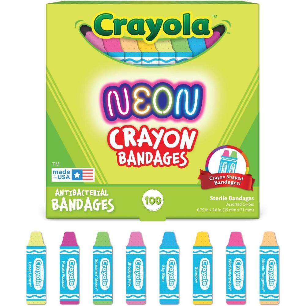 Crayola Shaped Neon Antibacterial Bandages for Kids, 100 CT – Adhesive Bandages for Minor Cuts, Scrapes, & Burns. Great Stocking Stuffer or White Elephant Gift
