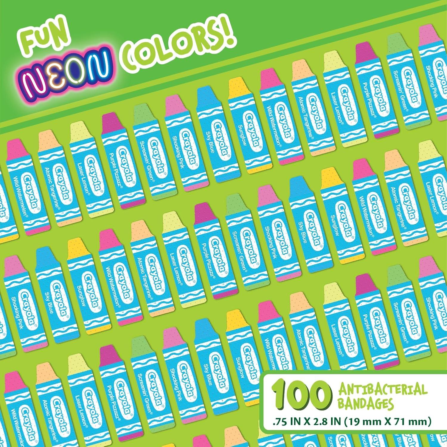 Crayola Shaped Neon Antibacterial Bandages for Kids, 100 CT – Adhesive Bandages for Minor Cuts, Scrapes, & Burns. Great Stocking Stuffer or White Elephant Gift