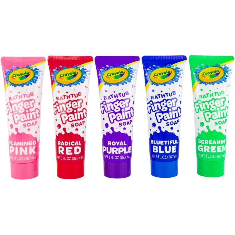 Crayola Bathtub Fingerpaint 5 Color Variety Pack, 3 Ounce Tubes (Bluetiful Blue, Screamin’ Green, Radical Red, Flamingo Pink, Royal Purple) Color Your Bath Easily Washable Finger Paints