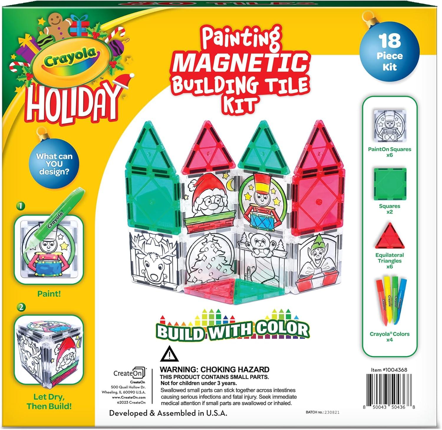 CreateOn Crayola PaintOn Holiday Magnetic Tiles, Magnetic Kids’ Building Toys, STEM Learning Travel Toys for Boys and Girls, 18-Piece Set(Holiday Paint On)