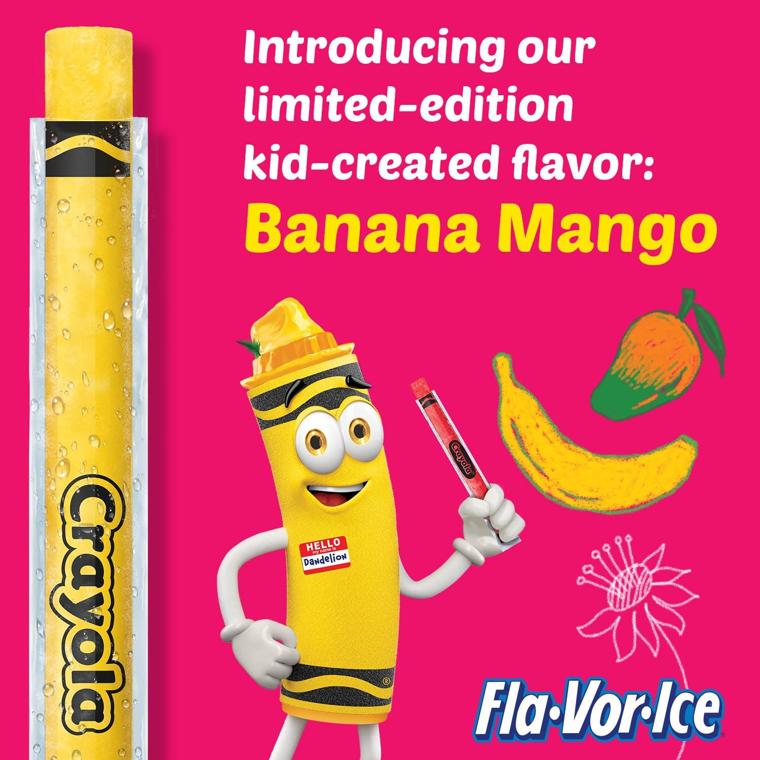 Crayola Fla-Vor-Ice Popsicle Variety Pack of 2 Oz Freezer Bars, Assorted Flavors, Banana Mango, Strawberry, Berry Punch, Orange, Grape, Lemon-Lime 96 Count