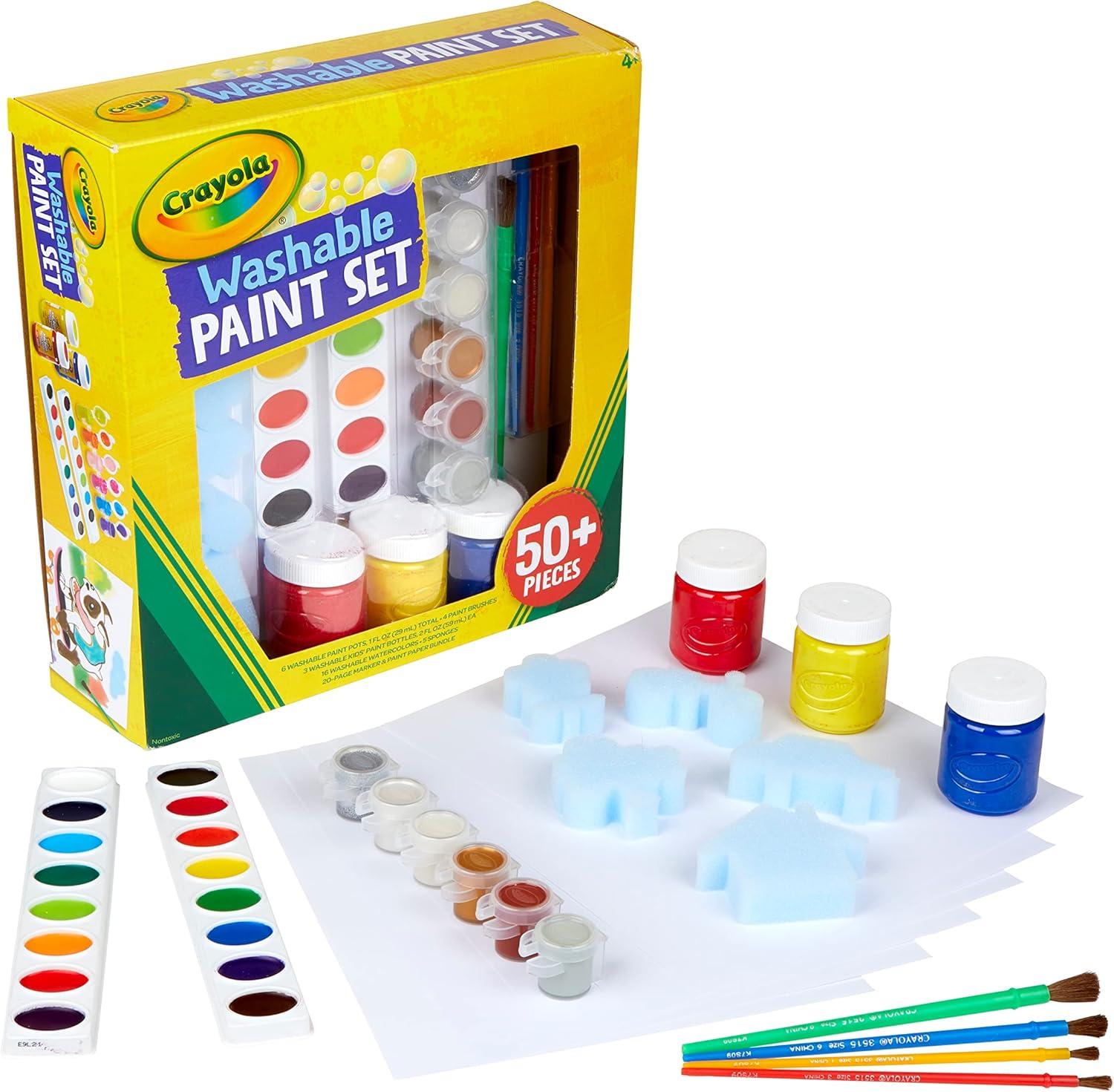 Crayola Washable Kids Paint Set (50pcs), Includes Watercolor & Washable Paints, Painting Paper, Paint Sponge, Kids Paint Brushes