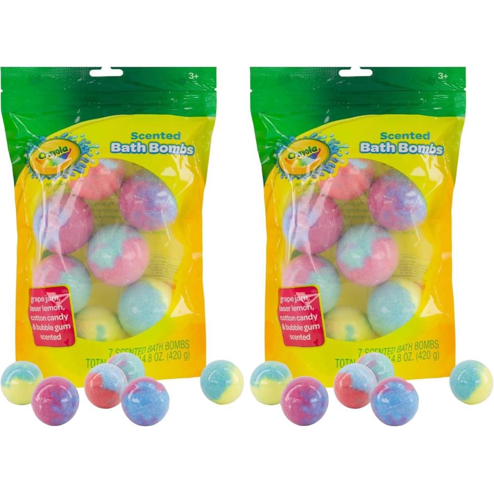 Crayola Colorful Scented Bath Bombs for Kids, Color You Bath Non-Toxic Bathbomb Fizzies for Boys Girls Holiday Stocking Stuffer, Grape Jam, Laser Lemon, Cotton Candy, & Bubble Gum Scents(7 Count (Pack of 2))