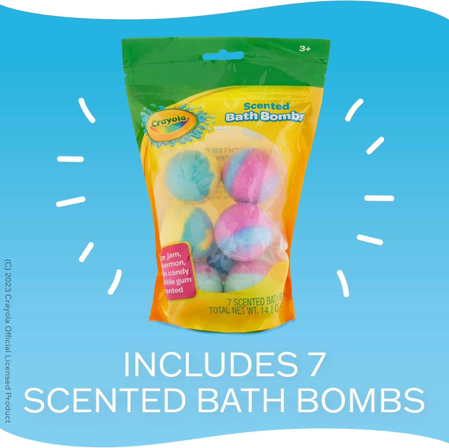 Crayola Colorful Scented Bath Bombs for Kids, Color You Bath Non-Toxic Bathbomb Fizzies for Boys Girls Holiday Stocking Stuffer, Grape Jam, Laser Lemon, Cotton Candy, & Bubble Gum Scents(7 Count (Pack of 2))