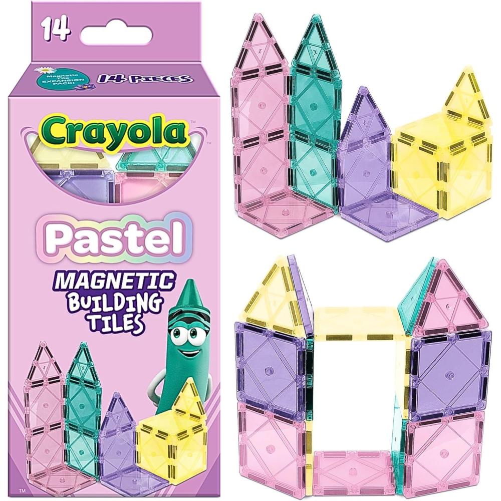 CreateOn Crayola Holiday Glitter Magnetic Tiles, Building Set for Kids, Magnetic Building Toys for Kids, STEM Travel Toys for Boys and Girls Ages 3+, 14-Piece Set (Holiday Glitter)(Pastel)