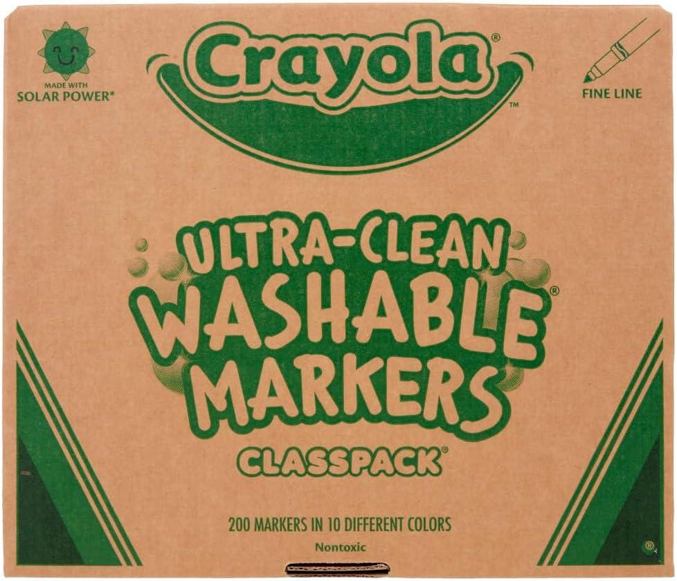 Crayola Ultra Clean Washable Markers Classpack (200ct), 10 Assorted Colors, Bulk Markers for Preschool, Kindergarten, Elementary Classrooms, Ages 3, 4, 5(Fine Line)