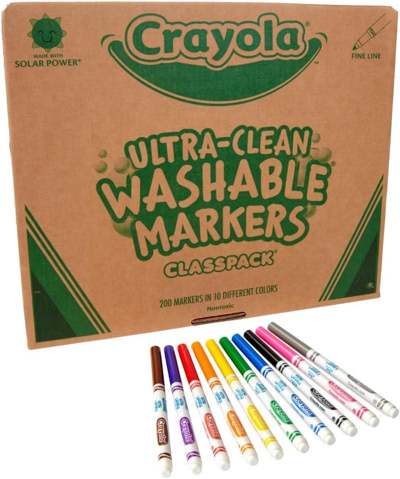 Crayola Ultra Clean Washable Markers Classpack (200ct), 10 Assorted Colors, Bulk Markers for Preschool, Kindergarten, Elementary Classrooms, Ages 3, 4, 5(Fine Line)