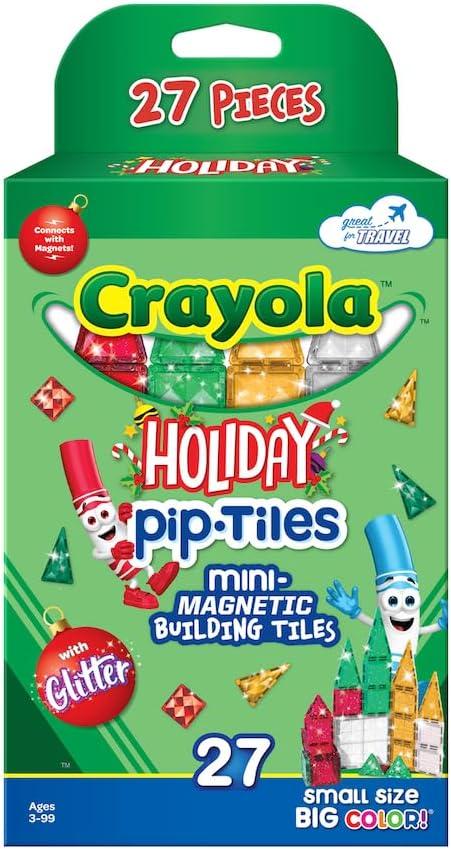 CreateOn Crayola Holiday Glitter Mini Micro Nano PIP Magnetic Tiles, Magnetic Kids’ Building Toys, STEM Learning Travel Toys for Boys and Girls, 27-Piece Set