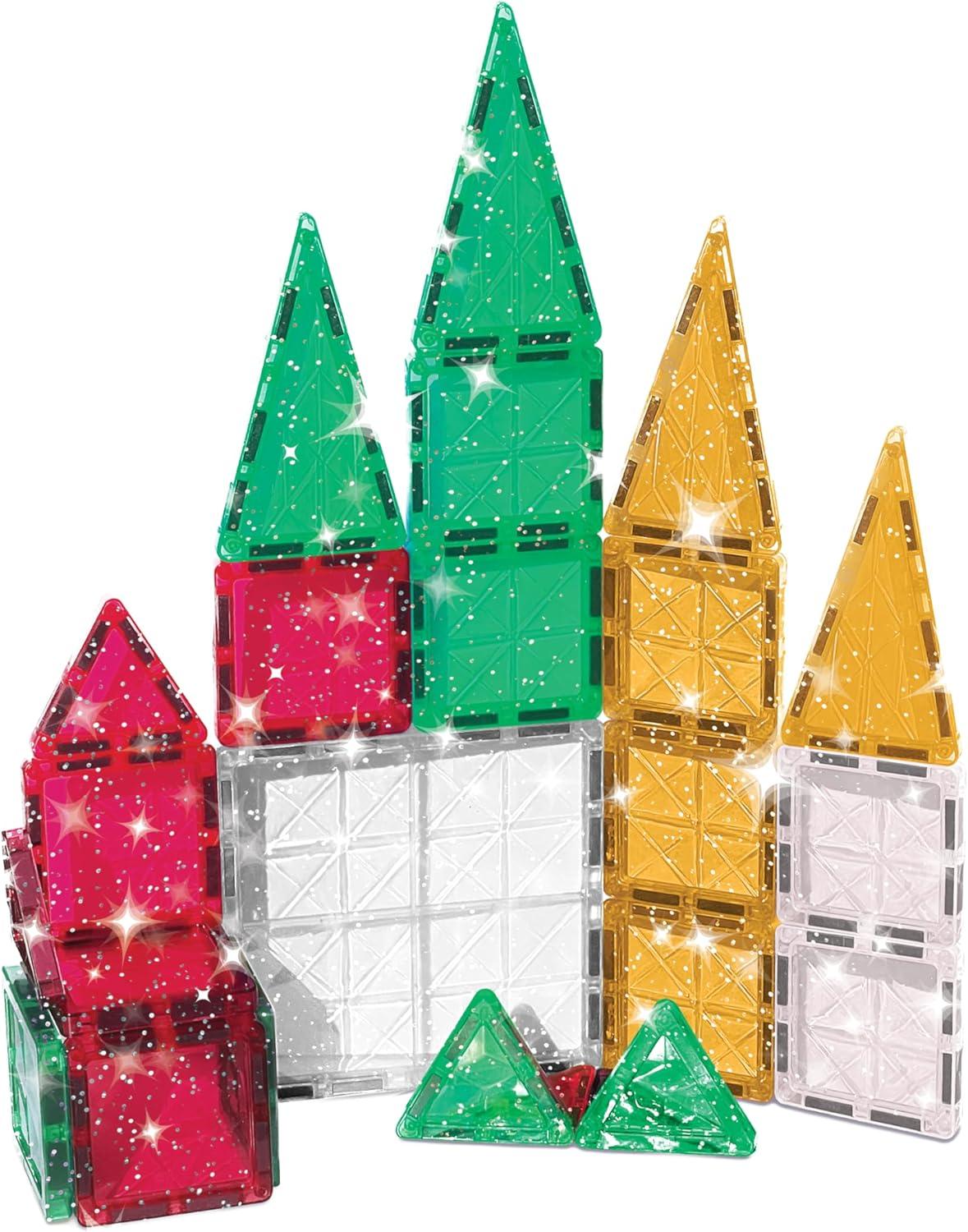 CreateOn Crayola Holiday Glitter Mini Micro Nano PIP Magnetic Tiles, Magnetic Kids’ Building Toys, STEM Learning Travel Toys for Boys and Girls, 27-Piece Set